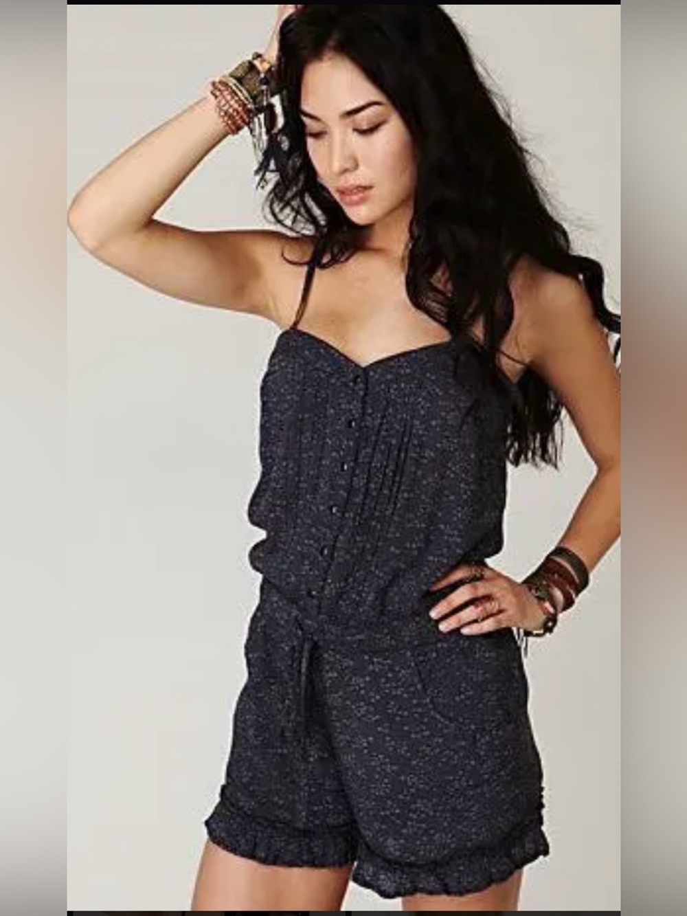 Free People Heathered Gray Floral Print Spaghetti Strap Romper